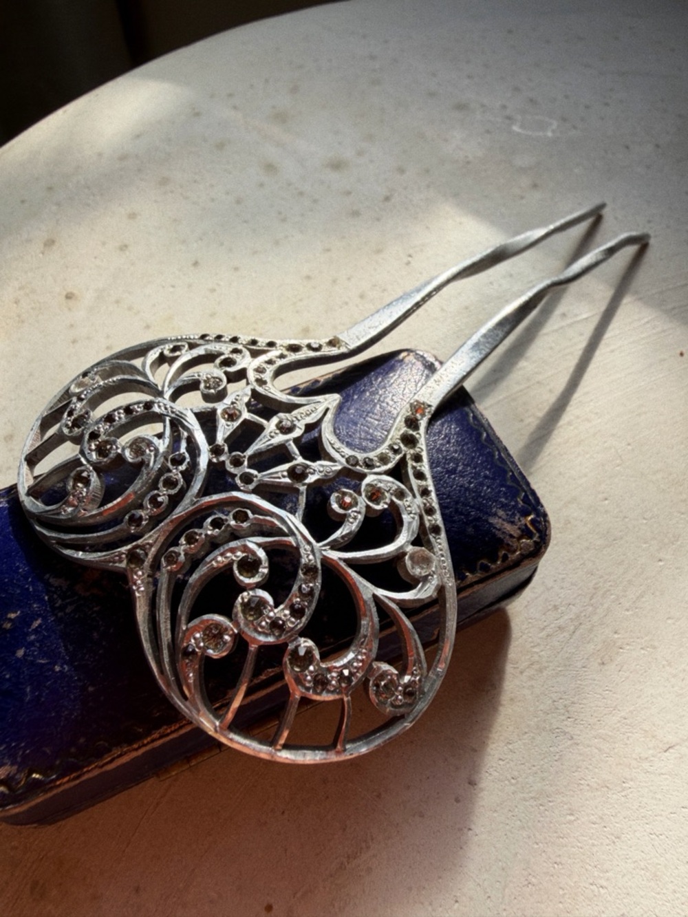 Antique French Art Nouveau Hair Comb Silver Tone Rhinestone Hair Fork c1900